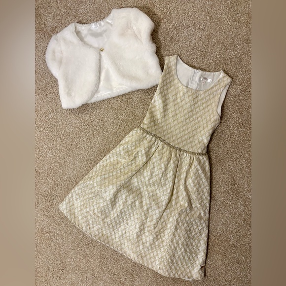 Girls Tahari gold shimmer holiday dress with faux fur jacket - Picture 4 of 13